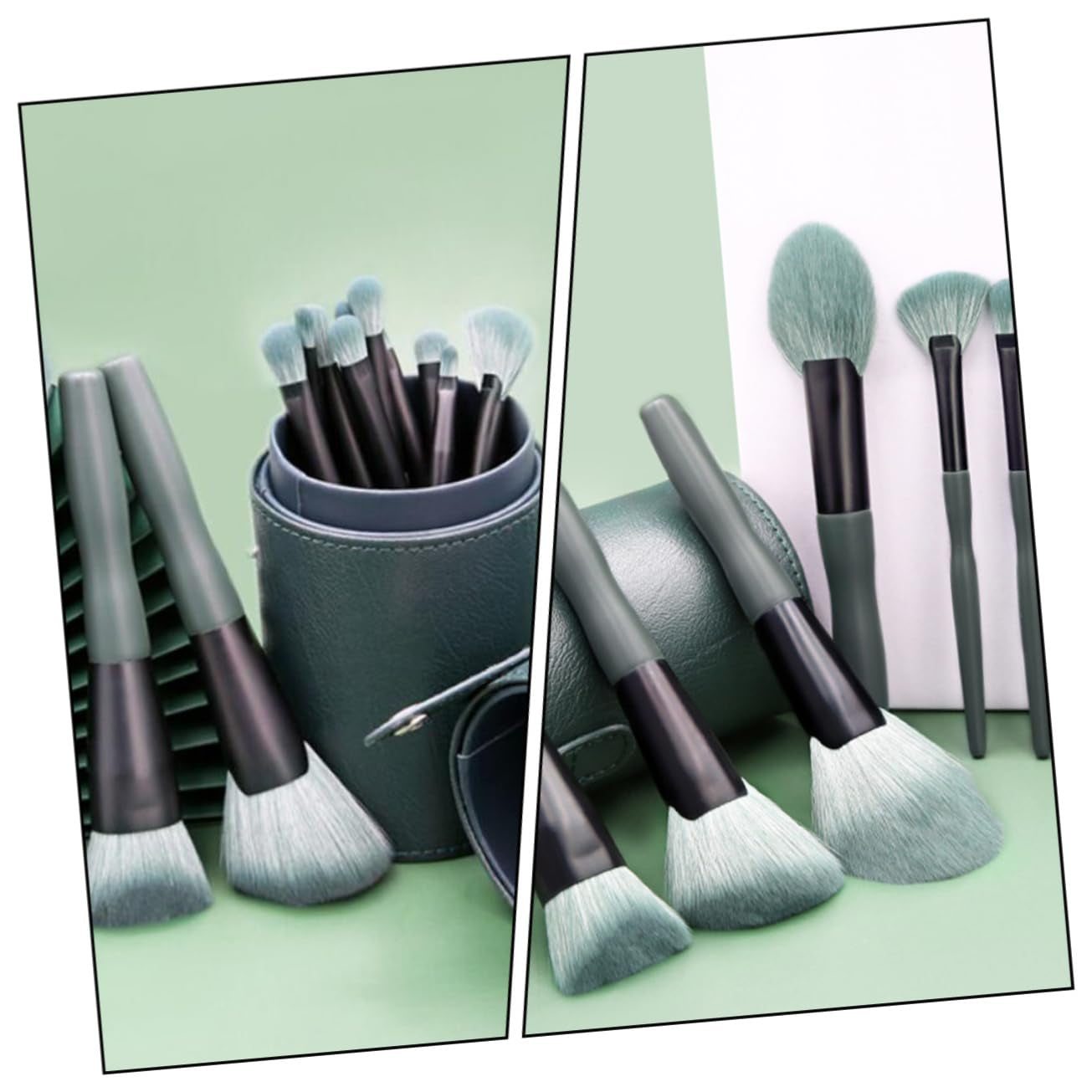 Professional Makeup Brush Set 14Pc Cosmetics Tool Kit Soft Fiber Brushes for Face Eyes Lips Green Bamboo Handle
