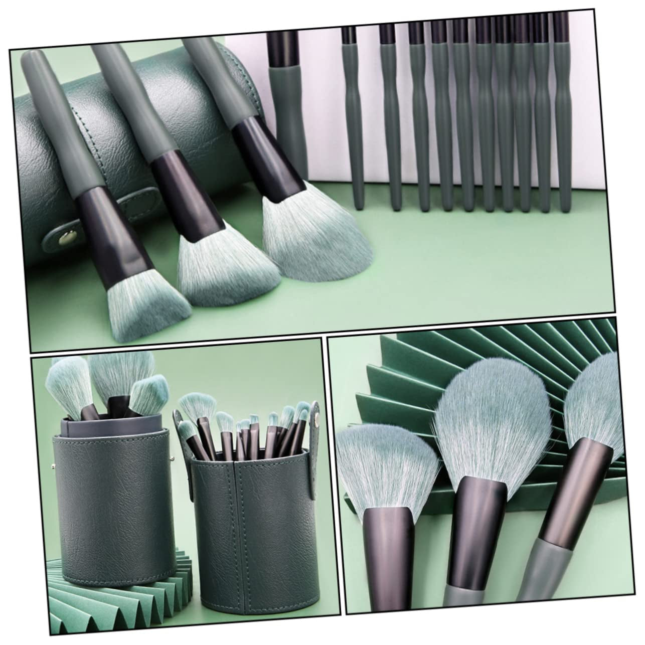 Professional Makeup Brush Set 14Pc Cosmetics Tool Kit Soft Fiber Brushes for Face Eyes Lips Green Bamboo Handle