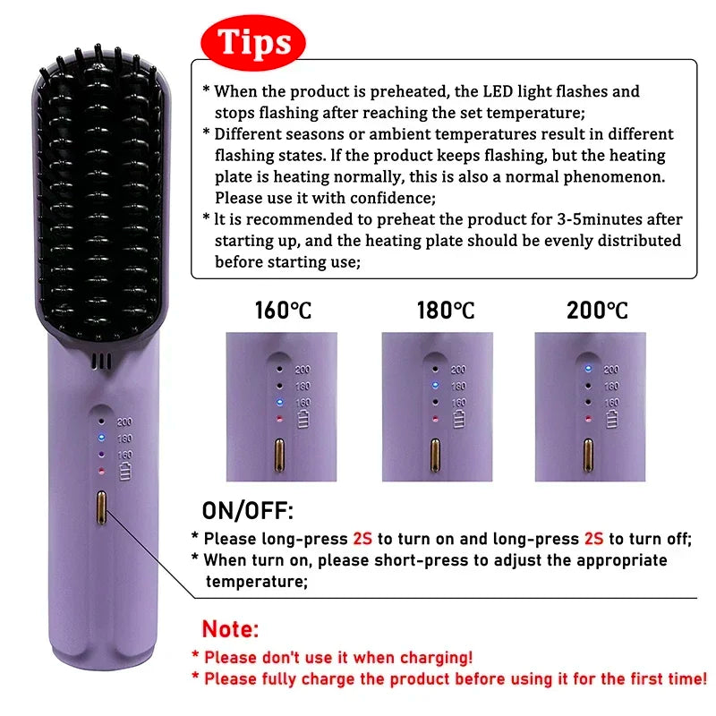 Wireless Hair Straightener Heating Negative Ion Straight Curling Hair Comb Rechargeable Anti-Scalding Electric Hair Care Brushes