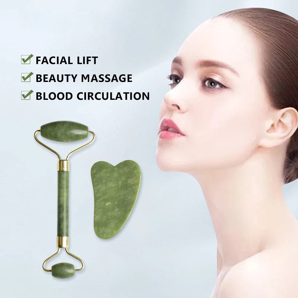 New anti Aging Jade Stone Massage Set Gua Sha Rose Quartz Jade Face Roller Gua Shua