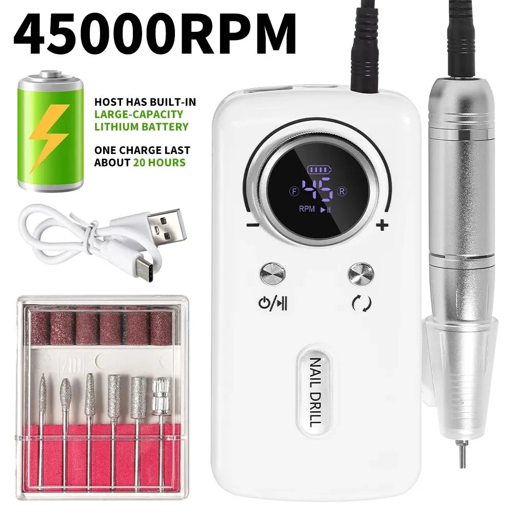 45000RPM Rechargeable Nail Drill Machine with LCD Low Noise Professional Nail Polish Sander for Manicure Nails Accessories Set