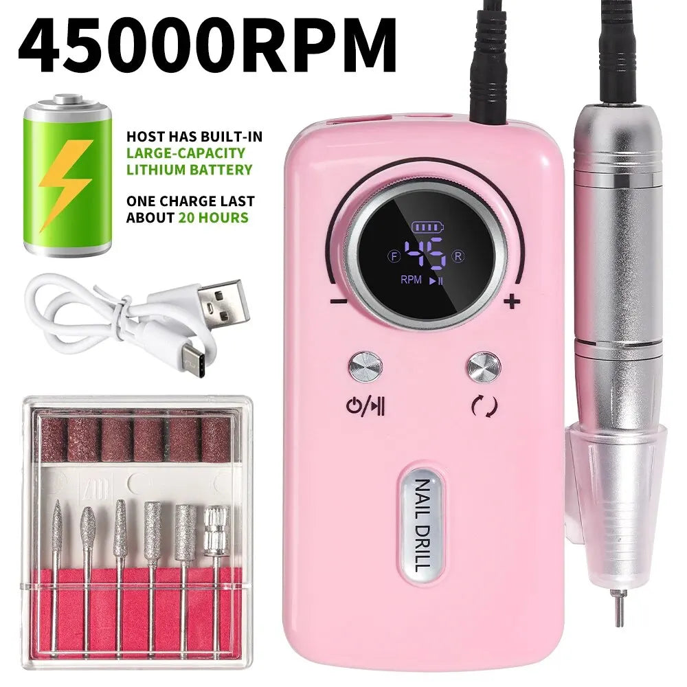 45000RPM Rechargeable Nail Drill Machine with LCD Low Noise Professional Nail Polish Sander for Manicure Nails Accessories Set