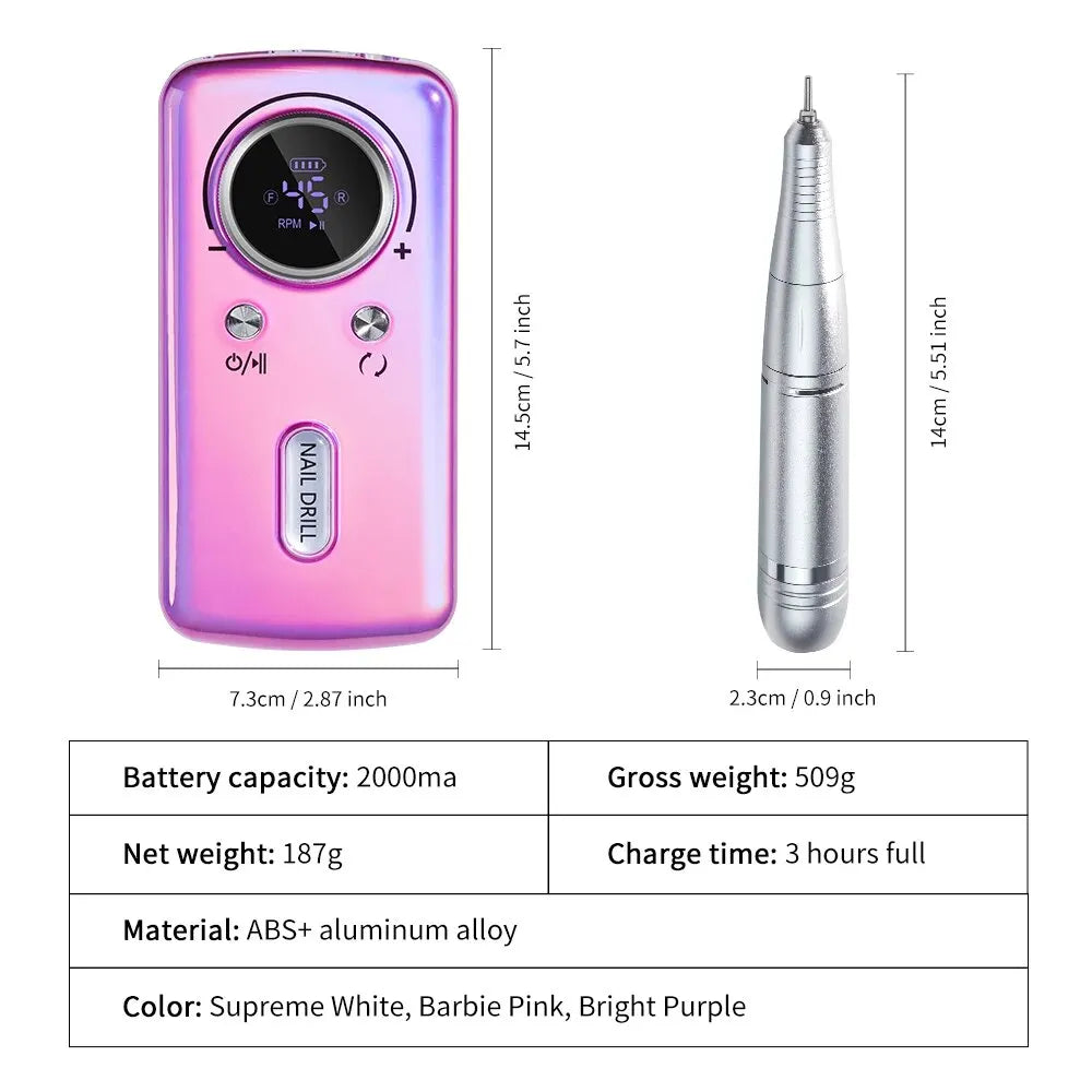 45000RPM Rechargeable Nail Drill Machine with LCD Low Noise Professional Nail Polish Sander for Manicure Nails Accessories Set