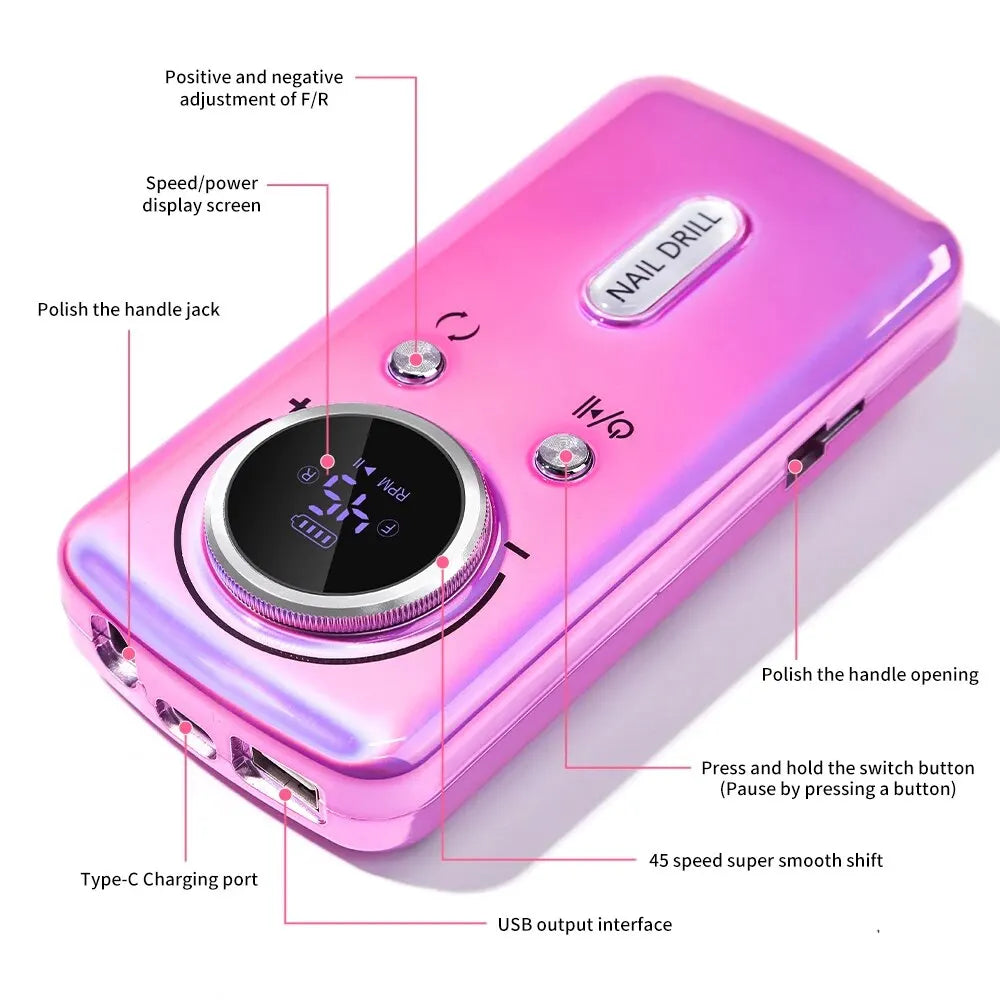 45000RPM Rechargeable Nail Drill Machine with LCD Low Noise Professional Nail Polish Sander for Manicure Nails Accessories Set