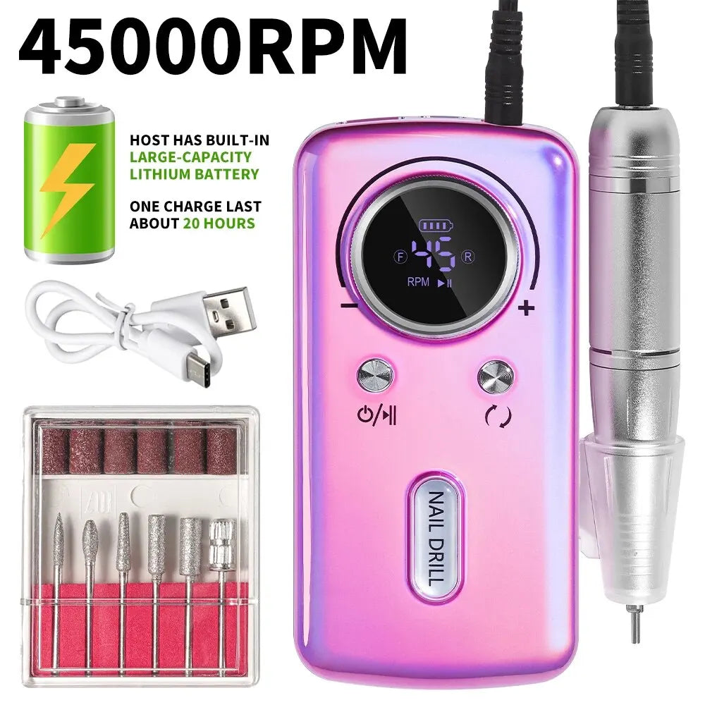 45000RPM Rechargeable Nail Drill Machine with LCD Low Noise Professional Nail Polish Sander for Manicure Nails Accessories Set