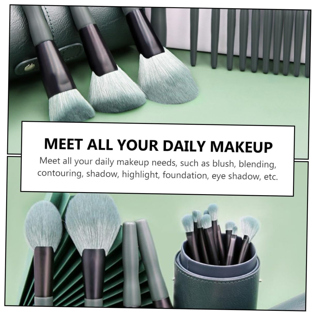 Professional Makeup Brush Set 14Pc Cosmetics Tool Kit Soft Fiber Brushes for Face Eyes Lips Green Bamboo Handle
